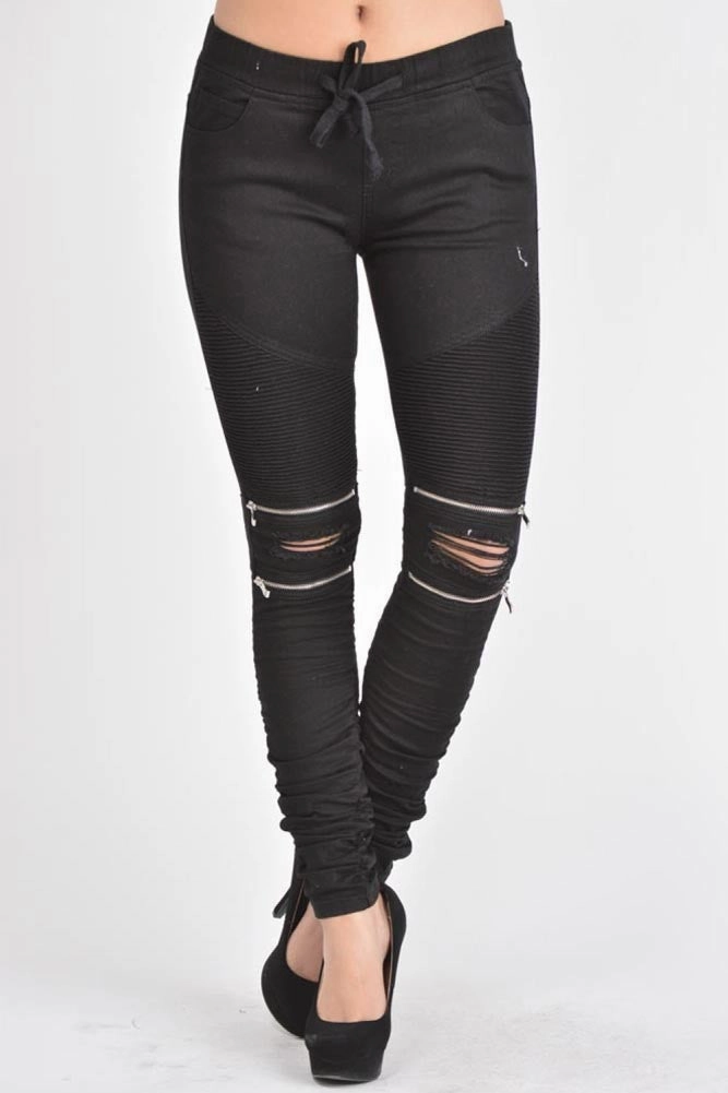 Women's Biker Style Ripped Zip Rider Jogger Pants Perfect Look