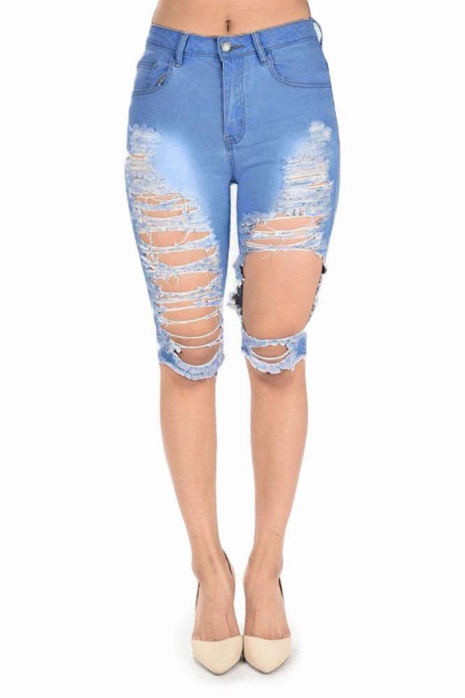 Flexible Activewear Cozy Wear Women's Destroyed Denim Bermuda Shorts