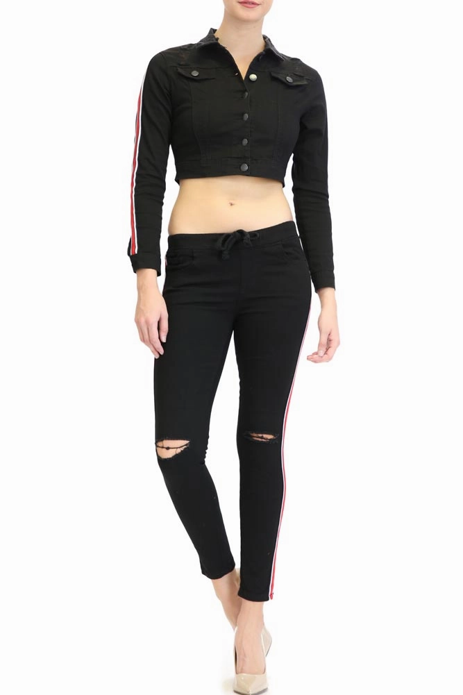 Warm Essentials Outdoor Style Staple Women's Destroyed Side Striped Band Jacket and Jogger Set