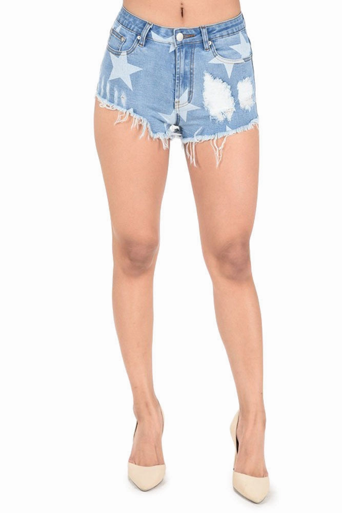 Women's Destroyed Star Print Denim Shorts Classic Fit Slim Shape