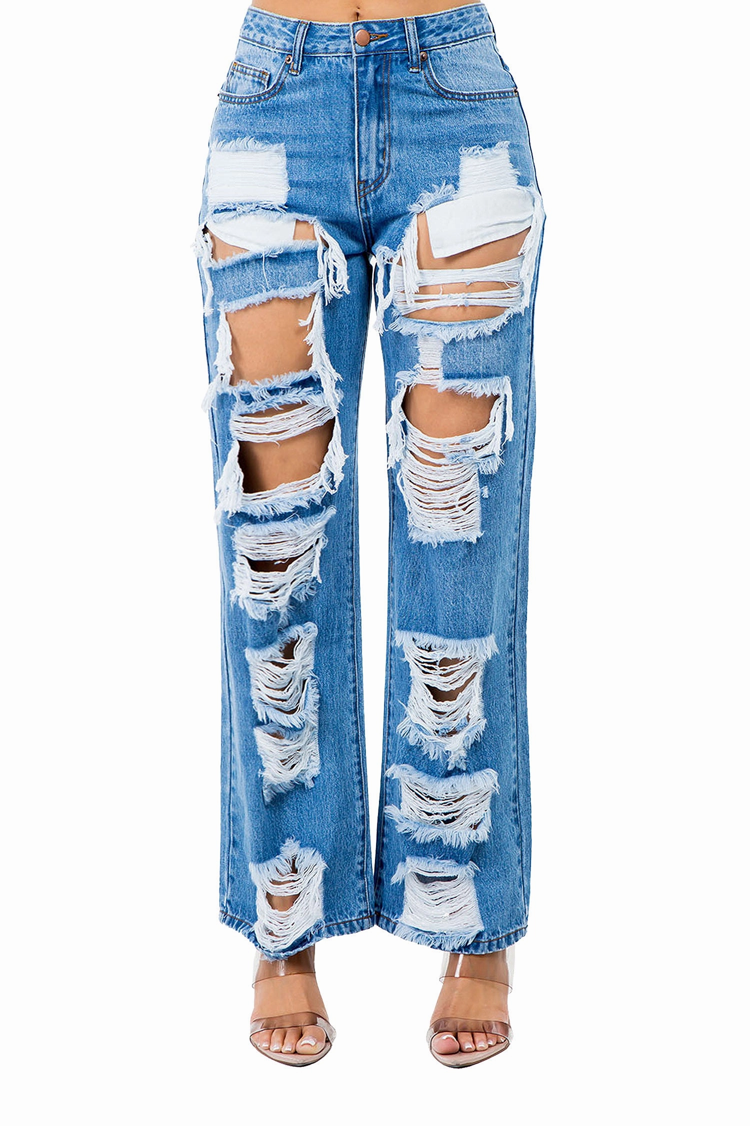 Women's High Distressed Wide Fit Denim Jeans Essential Comfort No Ride Up