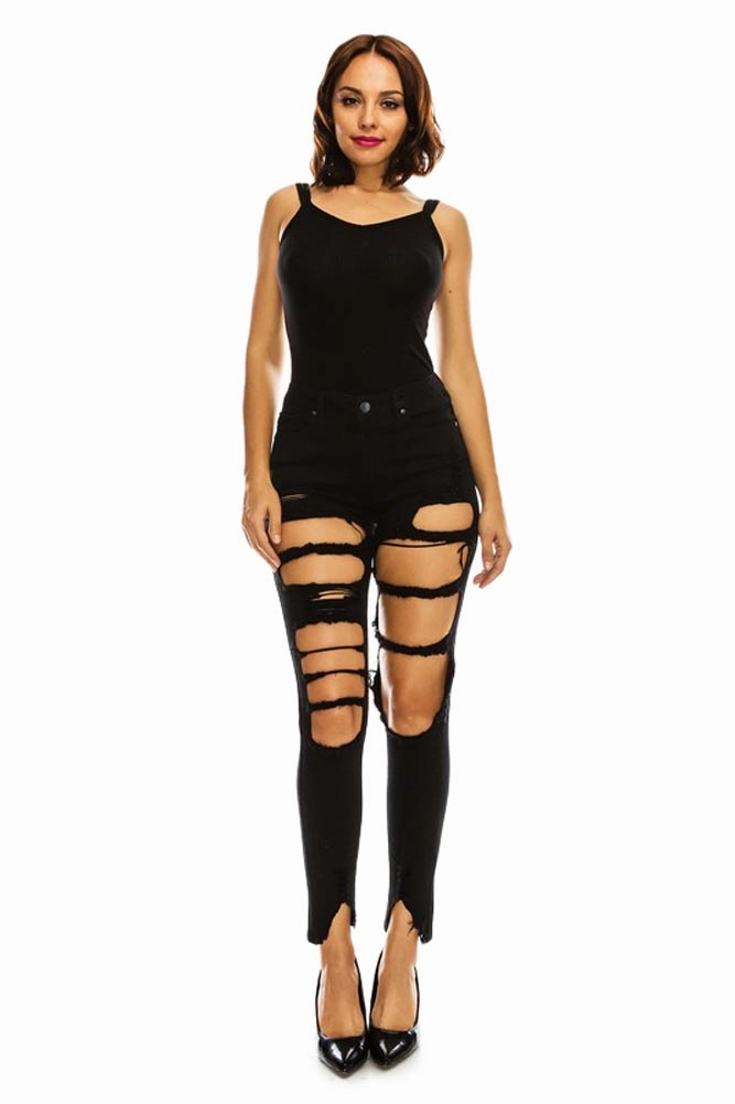 ExpandableSidePanels Women's High Rise Destroyed Denim Twill Jeans