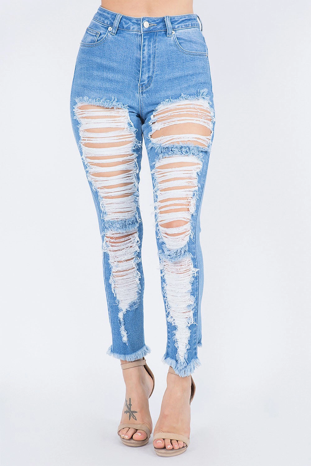 Women's High Rise Heavy Distressing Washed Out Denim Skinny Jeans StaticResistantMaterial Layered Panel Design