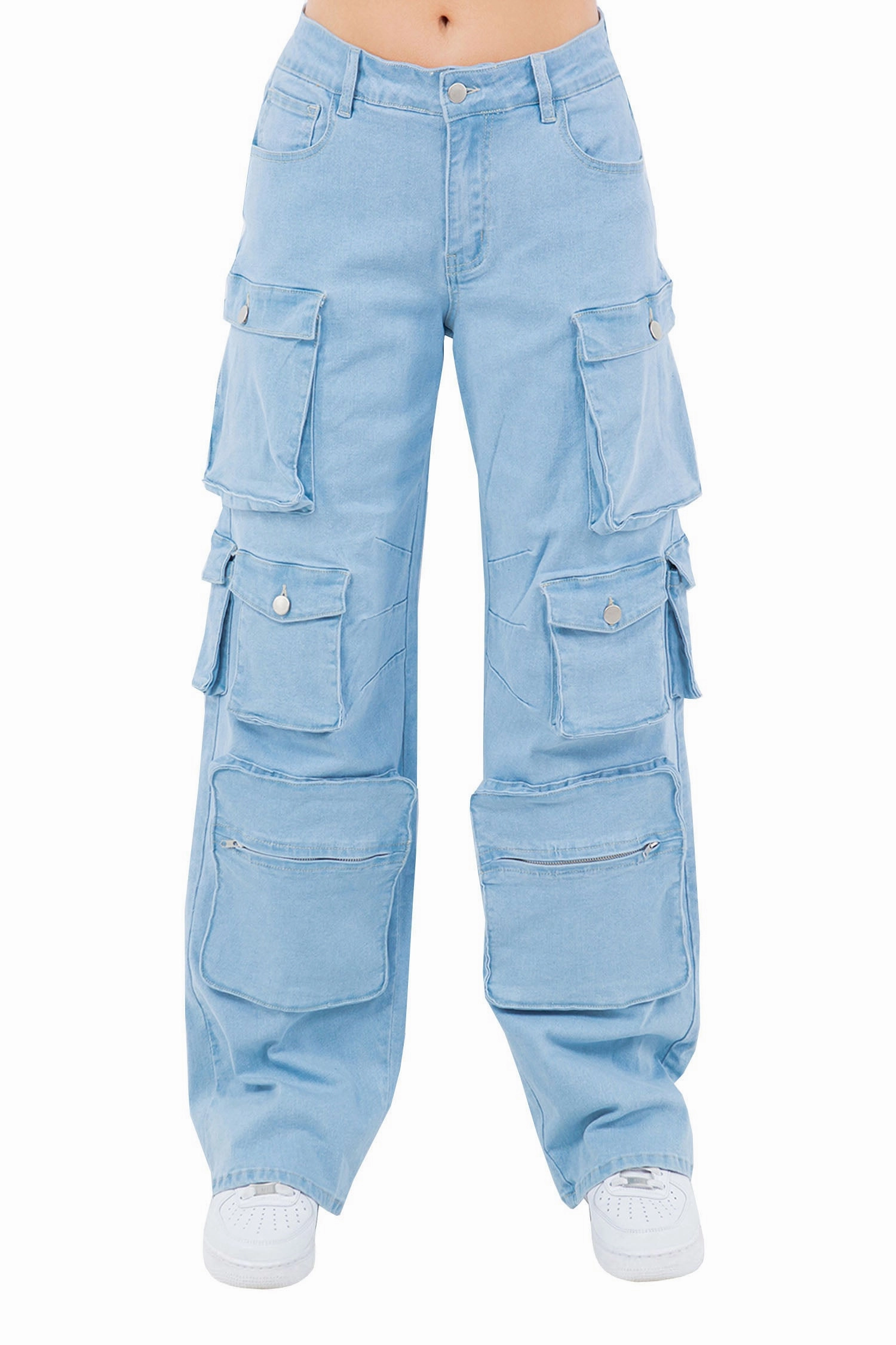 Women's High Rise Multi Cargo Pocket Loose Fit Denim Jeans Snug Waist