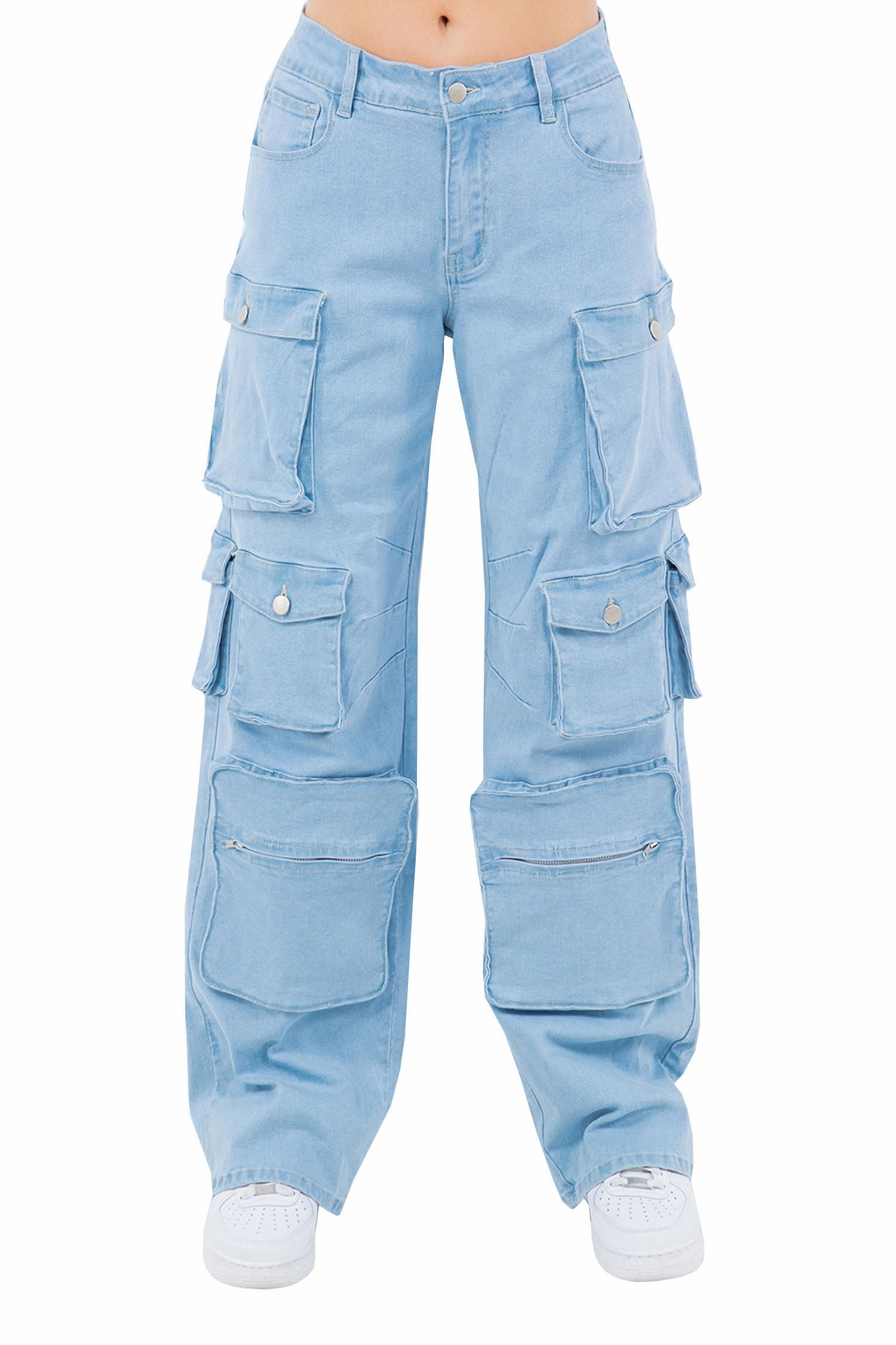 Essential Waist Comfortable Cut Women's High Rise Multi Cargo Pocket Loose Fit Denim Jeans