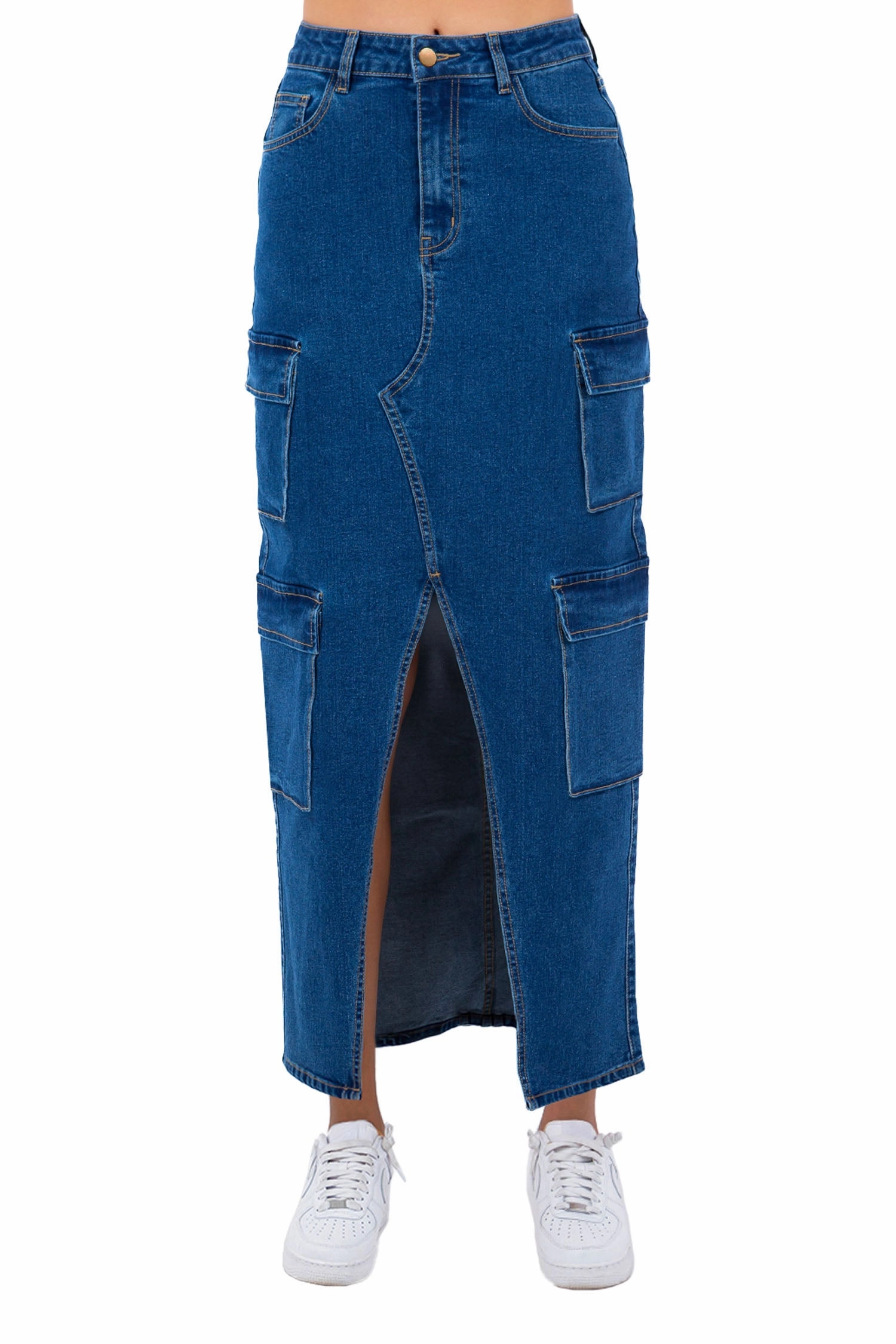 Elastic Free Cuffs Women's High Waist Denim Cargo Skirt