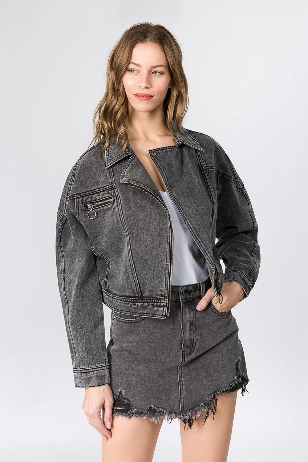 Women's Oversized Moto Biker Denim Jacket Neutral Street Style Everyday apparel