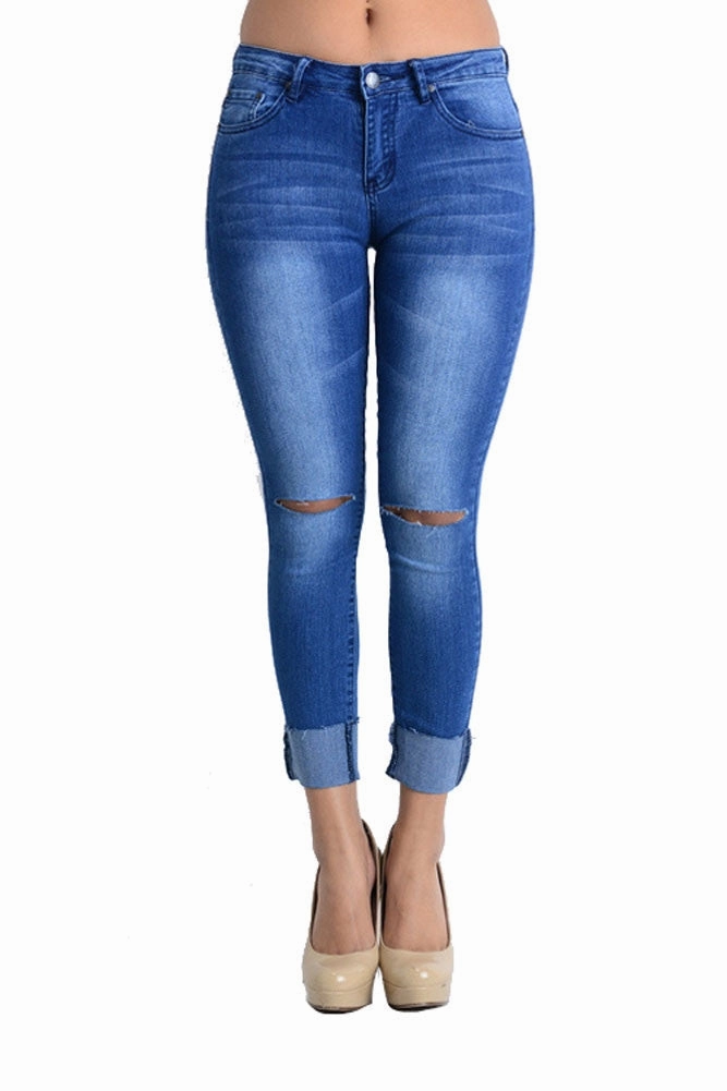 Sleek Fit Women's Ripped Knee Cuffed Skinny Jeans