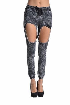 Women's Torn Acid Wash Denim Jogger Pants Ultra Soft Texture Sleek Waist