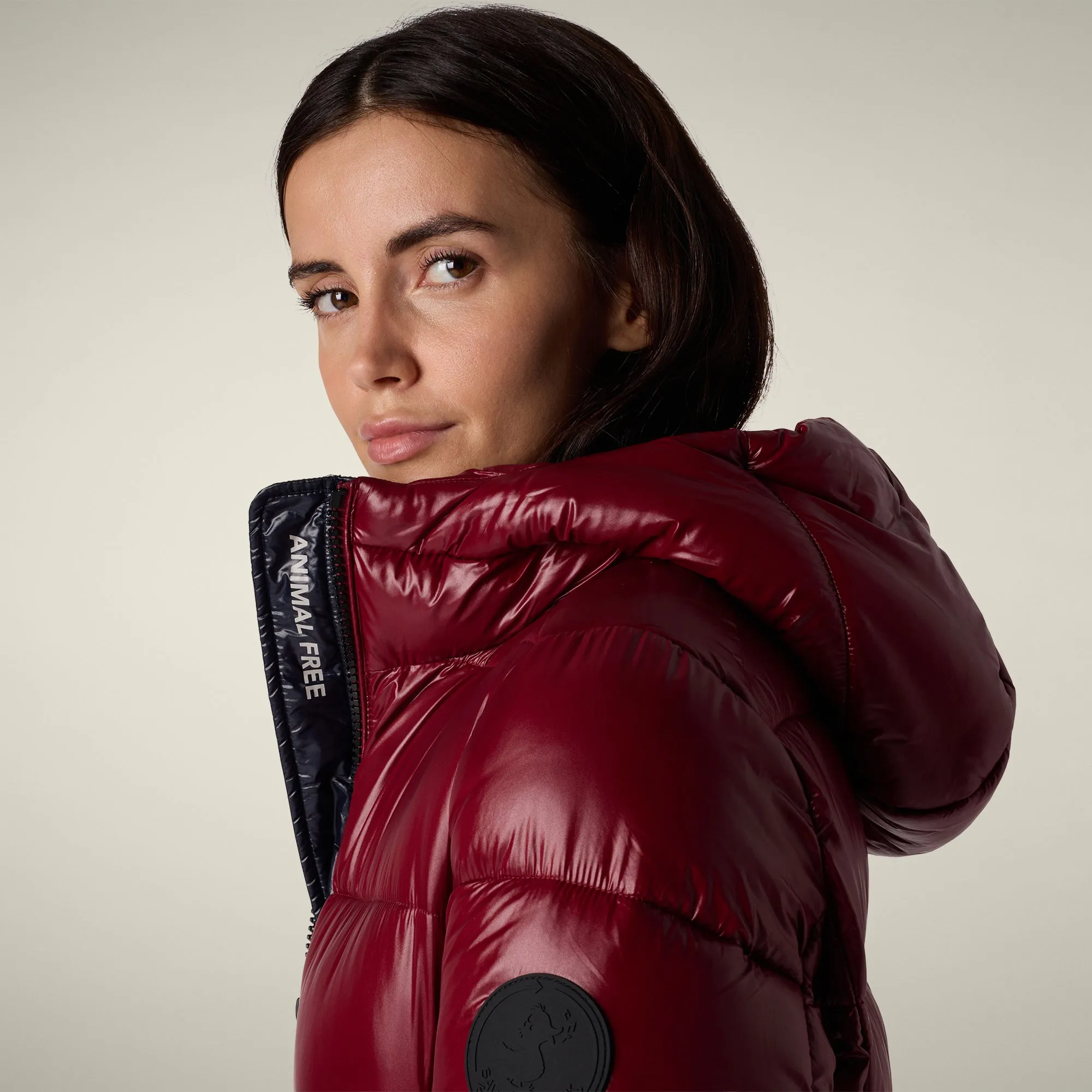 Women's Animal free puffer Coat ines in wine red HighNeckDesign