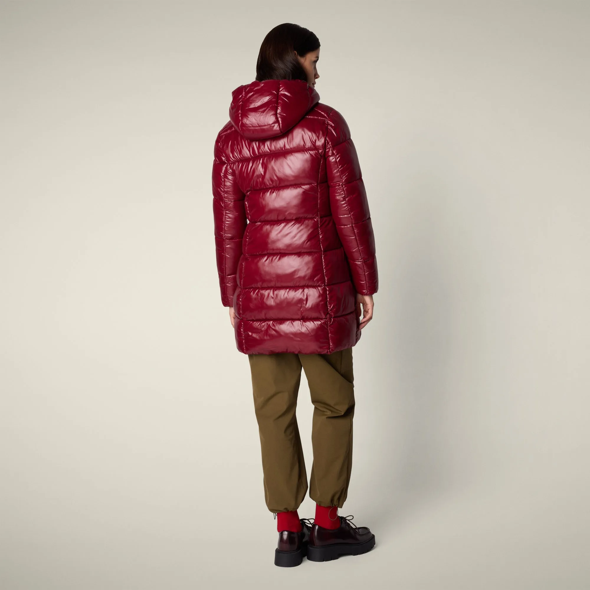 Women's Animal free puffer Coat ines in wine red Seam Sealed Construction