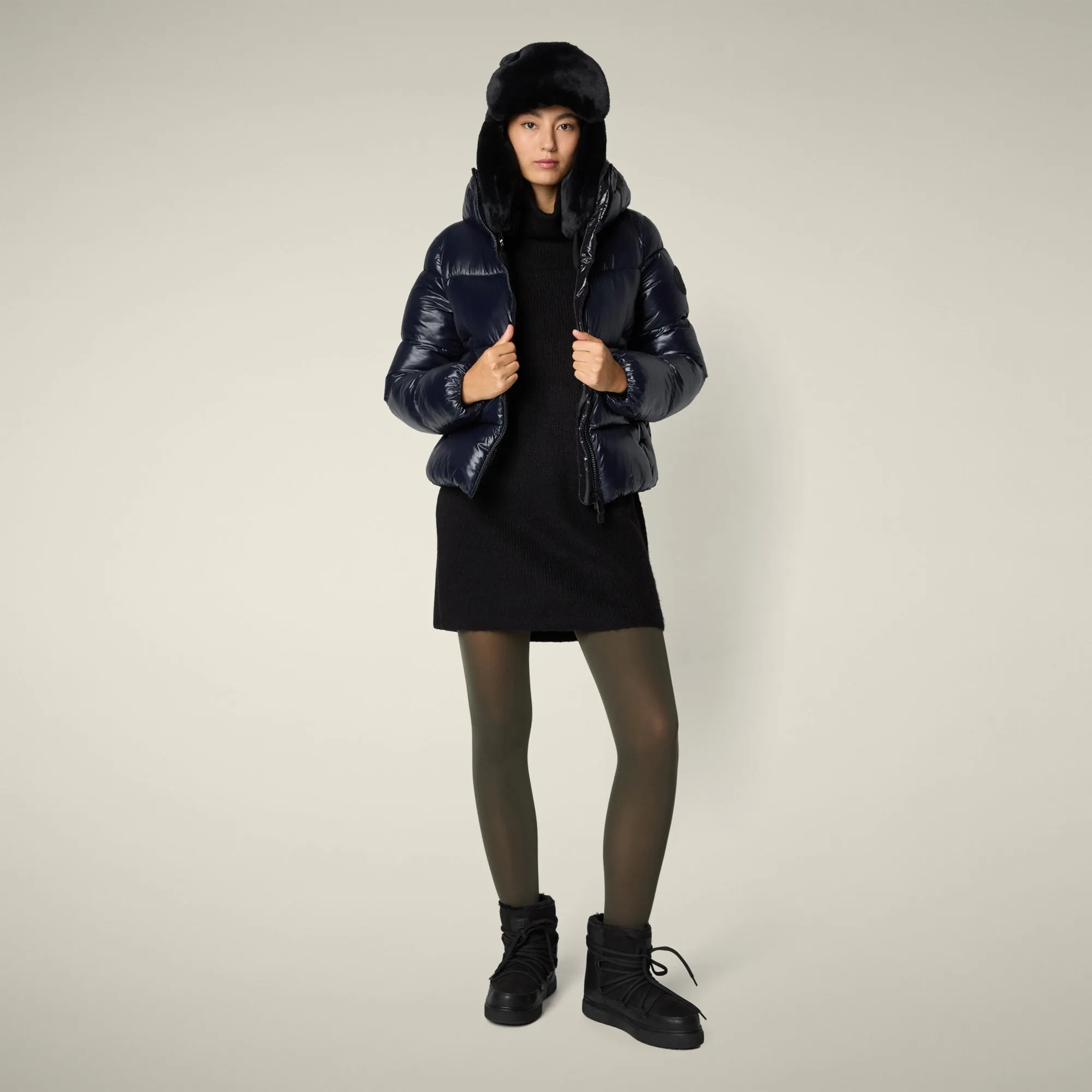 Women's Animal free puffer Jacket Biddy in Blue Black Convertible Collar Style Modular Design