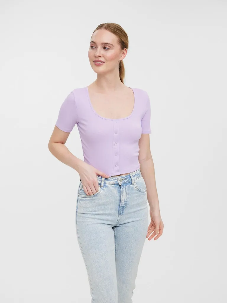 Natasha Button Cotton Crop Top- Colours High Neckline Structure Fitted Blouse