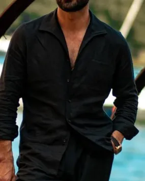 holiday season Summer Shirt in Black Linen Classic with one piece collar placket