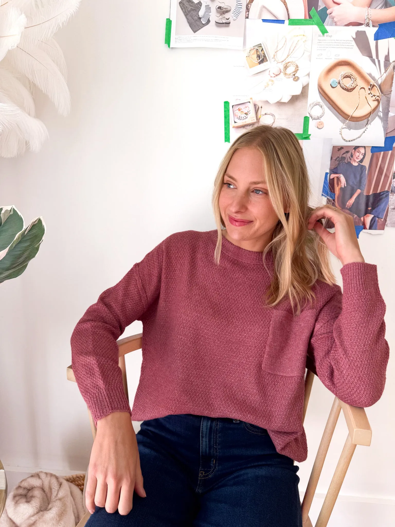 Breathable Mesh Panels Zoey Textured Pocket Sweater - Rose